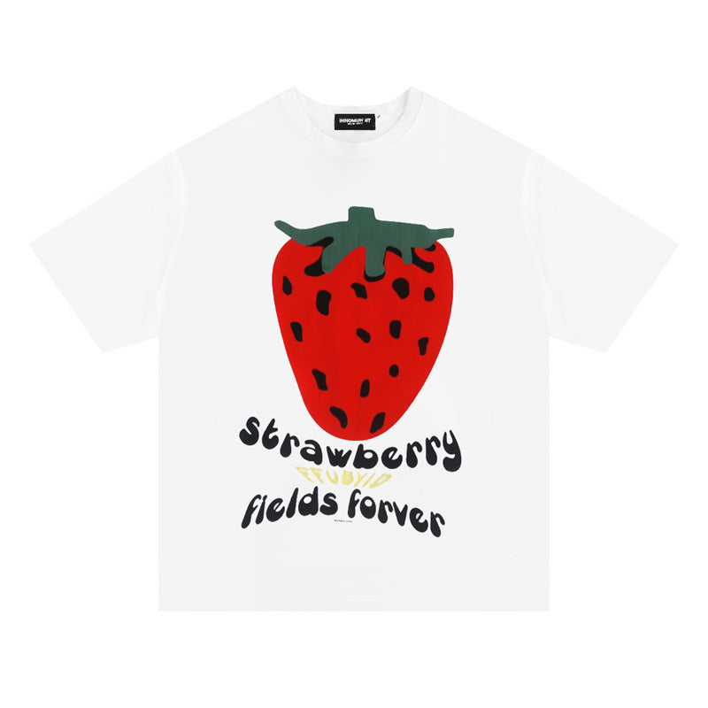 BamBam Women Summer Strawberry Letter Print Round Neck Short Sleeve T-Shirt - BamBam