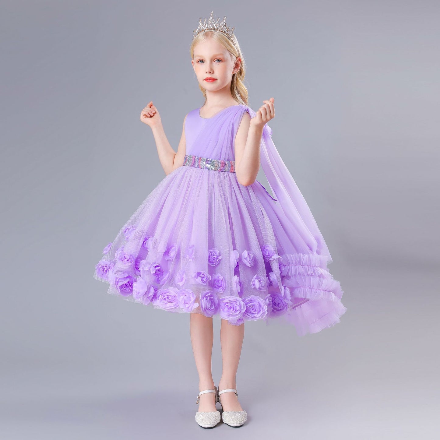 BamBam Summer Girls Evening Dress Children's Clothing Trendy Princess Dress Performance Dress Fluffy Rose Dress - BamBam