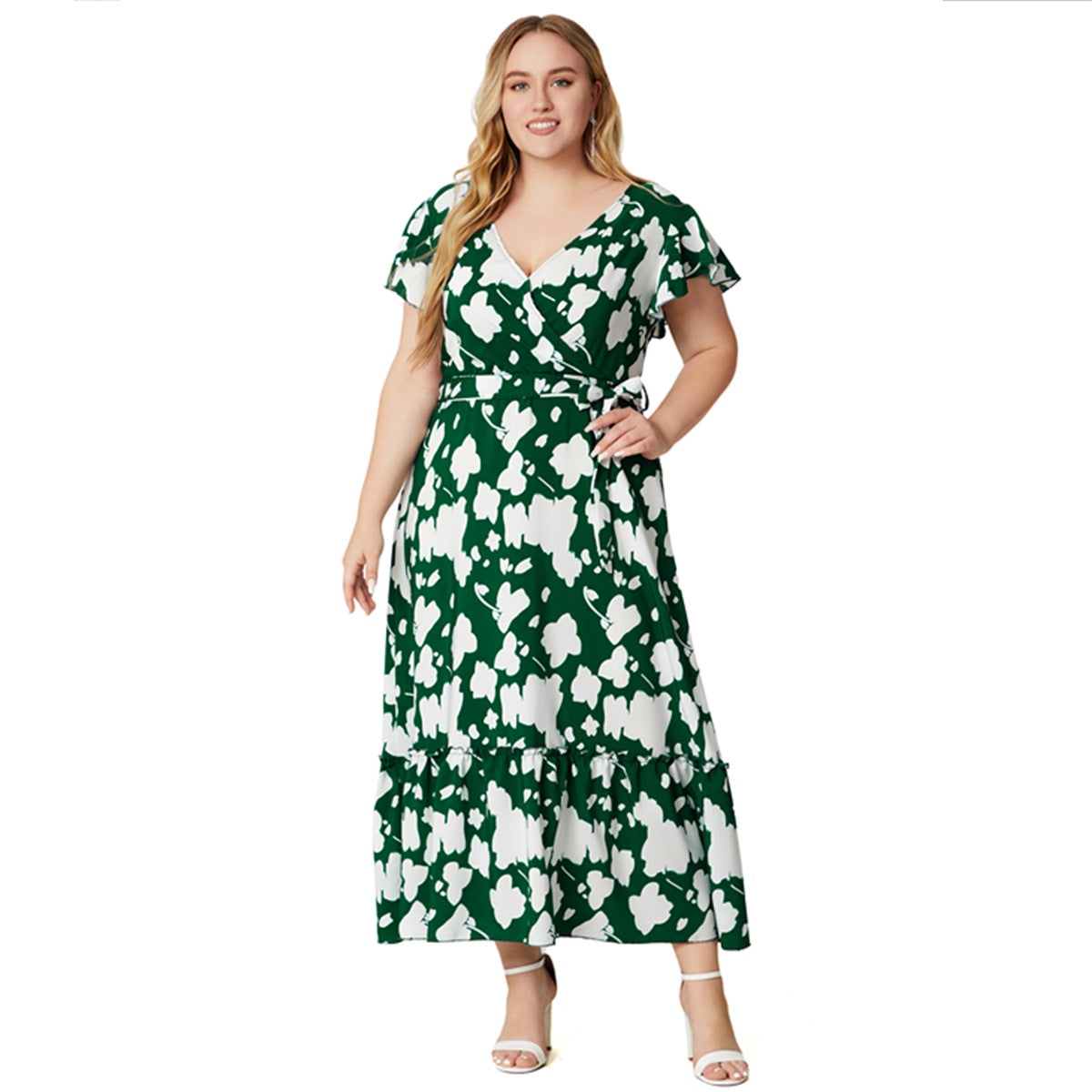 BamBam Summer Plus Size Women's V-Neck Print Dress - BamBam