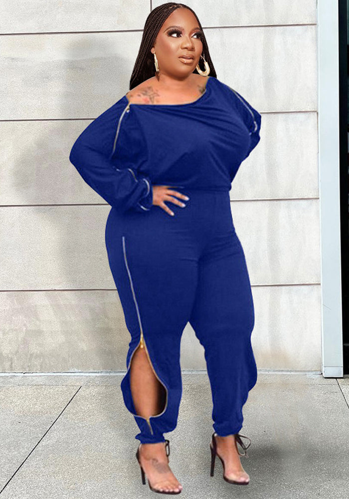 Fall Winter Plus Size Women's Sexy Fashion Solid Color Zipper Off Shoulder Jumpsuit