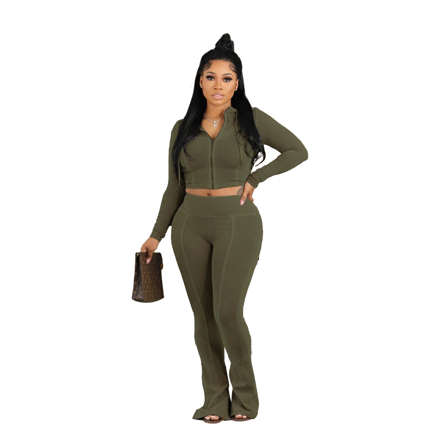 BamBam Sexy Solid Zipper Long Sleeve Crop Top Slim Pants Two Piece Club Suit - BamBam