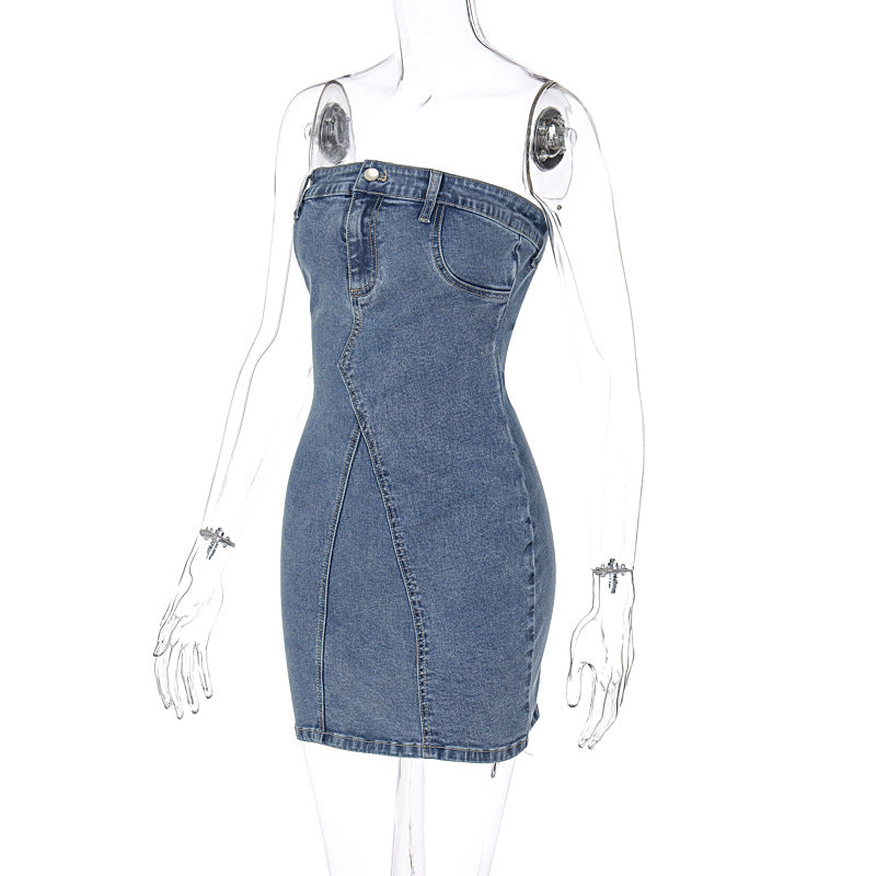 BamBam Summer Women Sexy American Off Shoulder Denim Strapless Bodycon Dress - BamBam Clothing