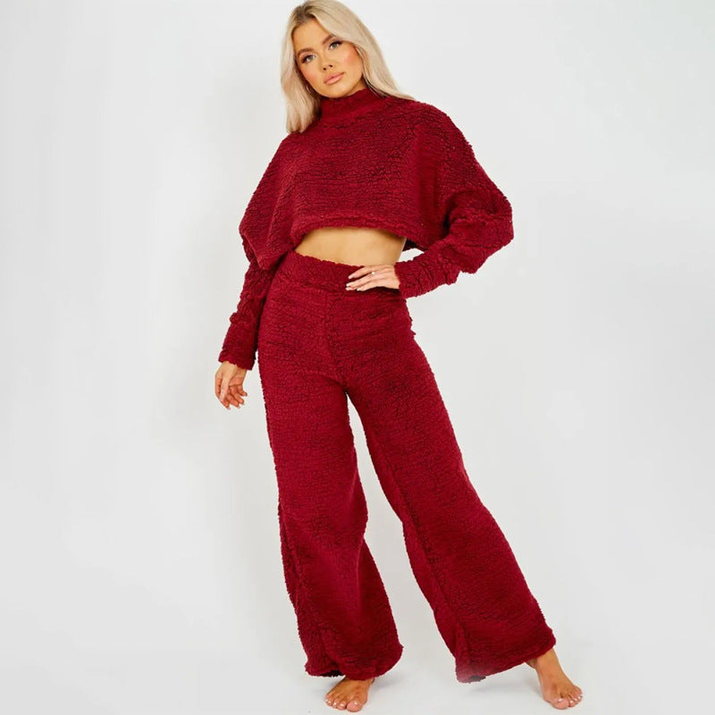 BamBam Women Casual Lounge Clothes Loose Sherpa Long Sleeve Top and Pant Two-piece Set - BamBam