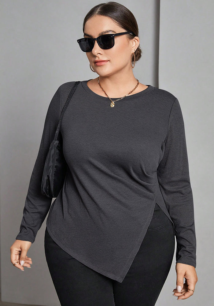 Plus Size Women's Autumn And Winter Long Sleeve T-Shirt Irregular Slit Versatile Basic Slim Top