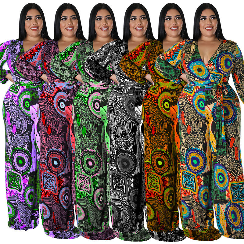 Plus Size Women Fall Print Long Sleeve Jumpsuit