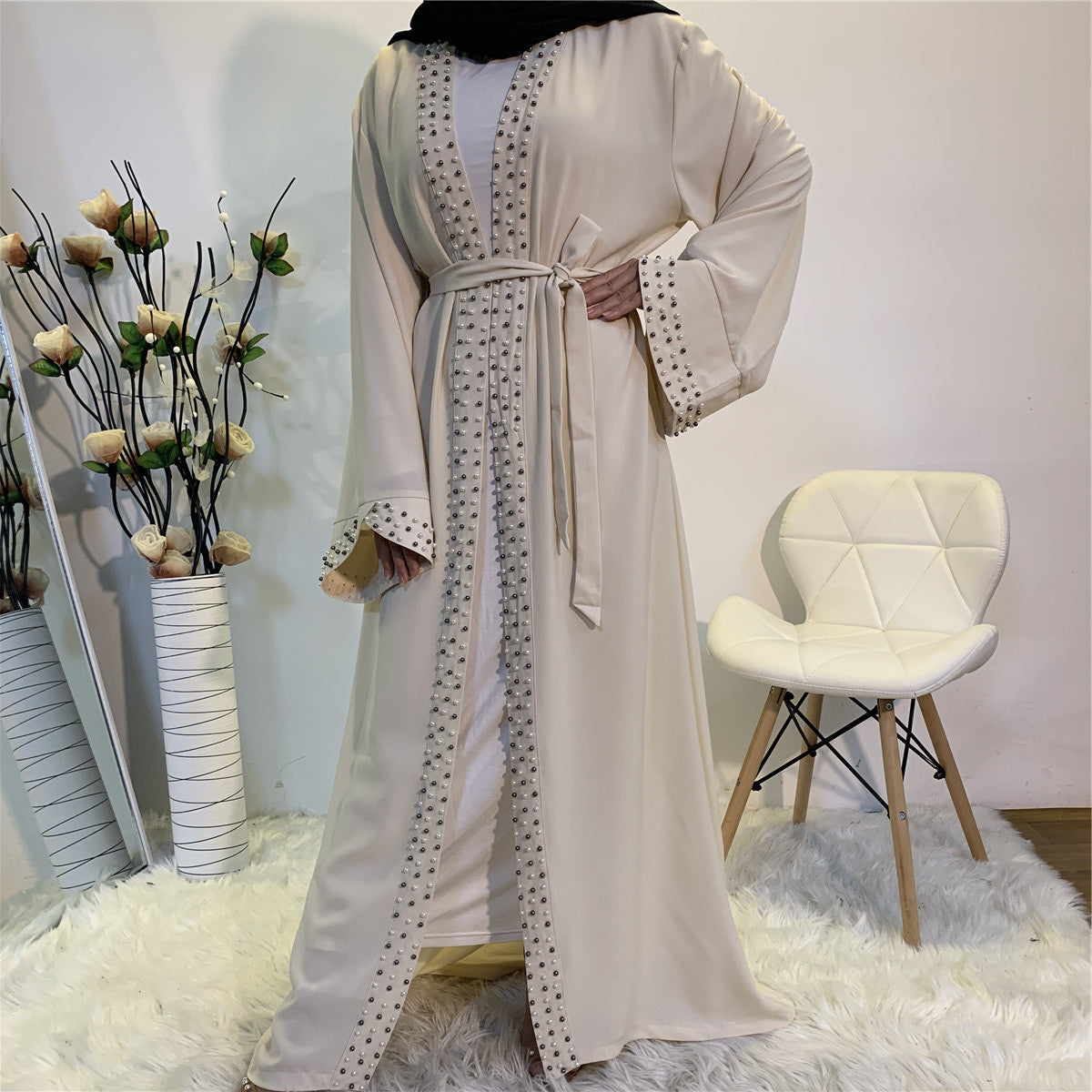 BamBam Women Arabic Turkish Elegant Beaded Muslim Lace Cardigan Robe - BamBam