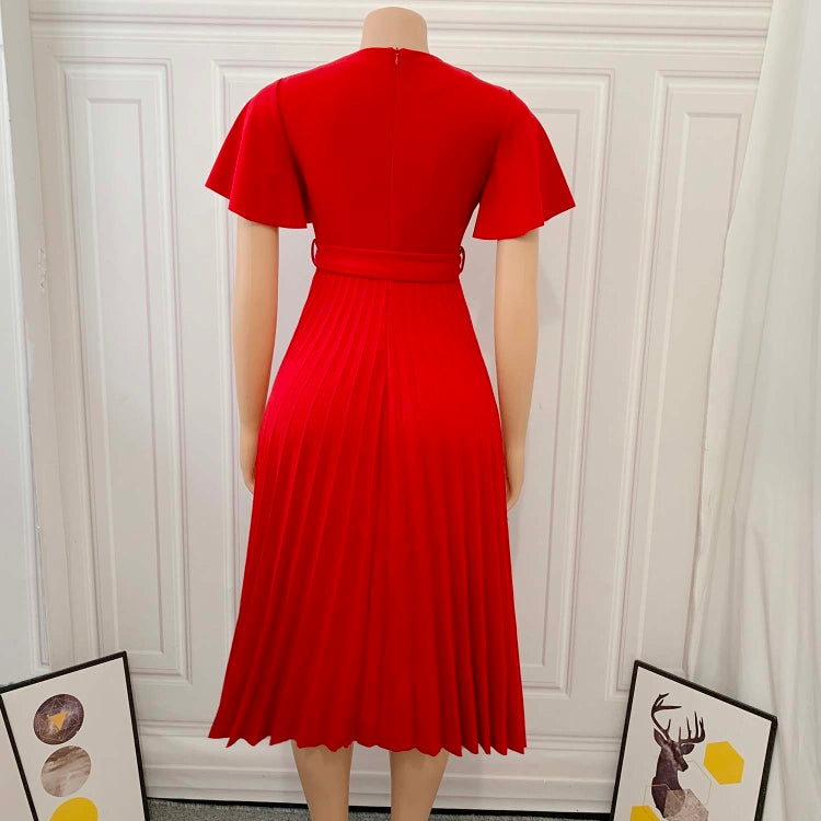 BamBam Autumn Formal Red V-Neck Pleated Office Dress with Belt - BamBam