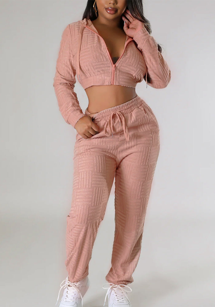 Solid Hooded Zipper Crop Two-Piece Pants Set