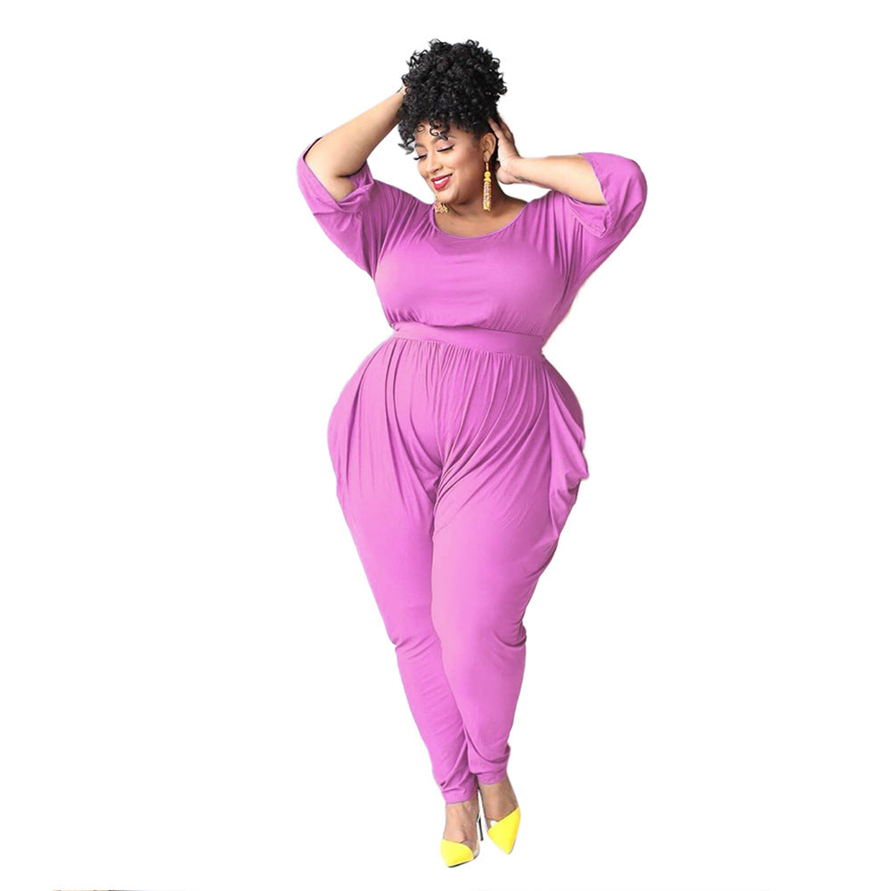BamBam Autumn/Winter Solid Color Half Sleeve Round Neck Casual Home Ladies Jumpsuit - BamBam Clothing