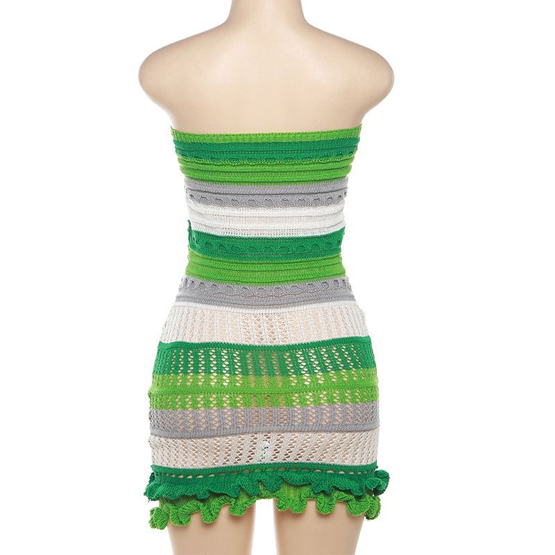 BamBam Summer Women Sexy Strapless Backless Color Block Lace Knitting Dress - BamBam