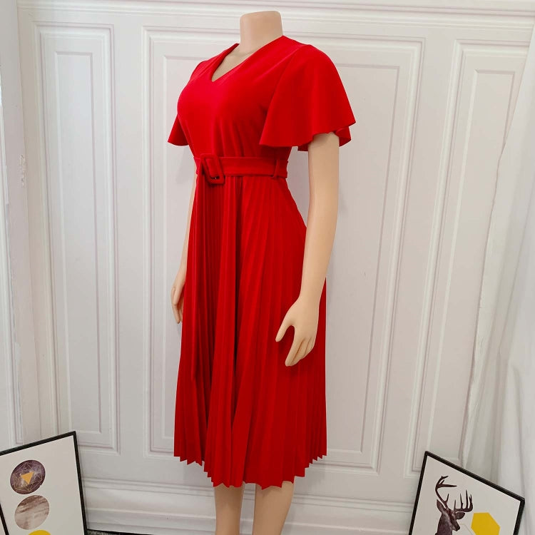 BamBam Autumn Formal Red V-Neck Pleated Office Dress with Belt - BamBam