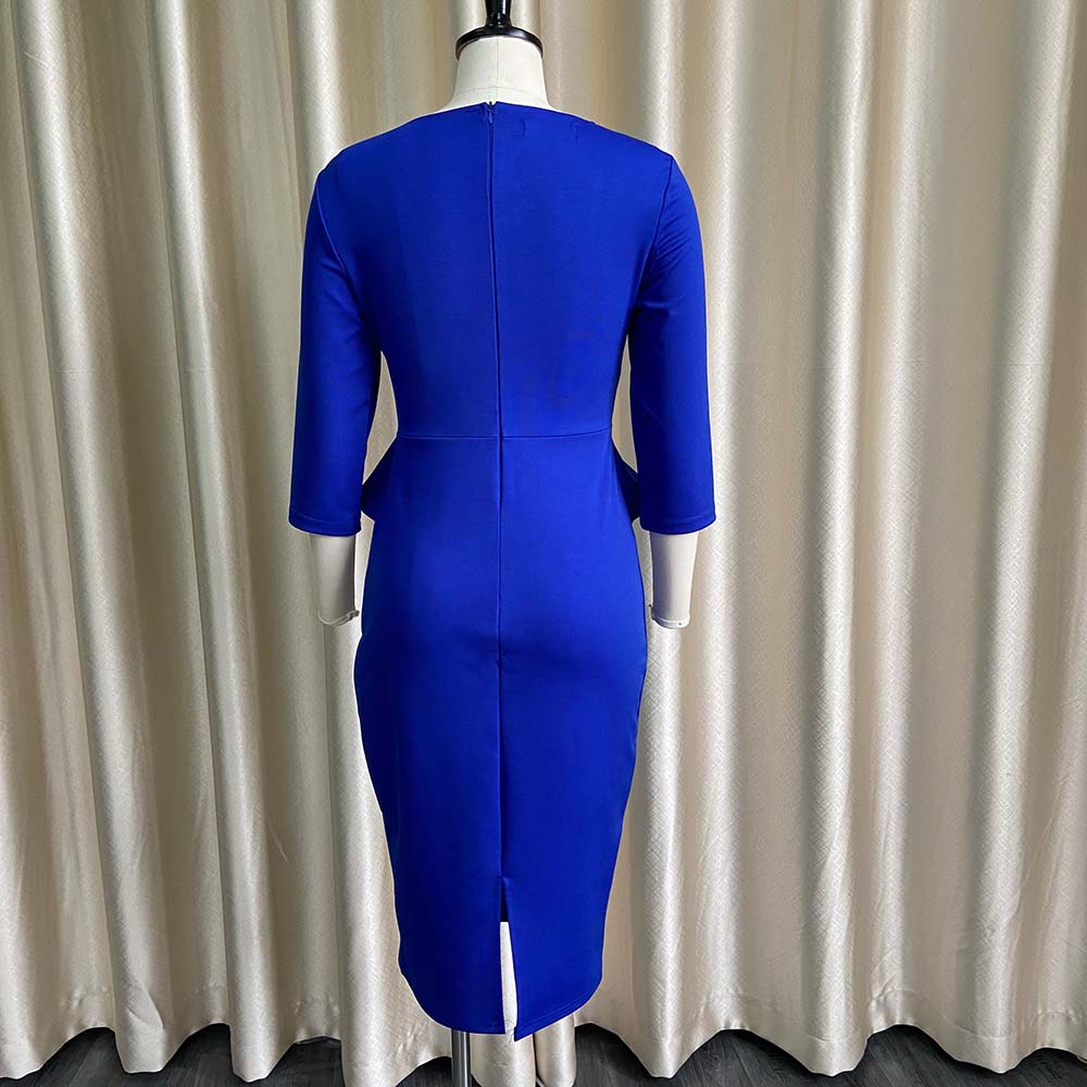 BamBam Women Spring Blue Modest O-Neck Three Quarter Sleeves Solid Rivet Midi Pencil Office Dress - BamBam