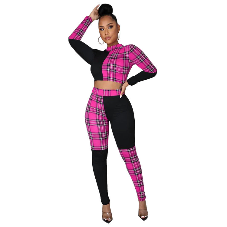 BamBam Women Sexy Plaid Color Block Top and Pant Two-piece Set - BamBam