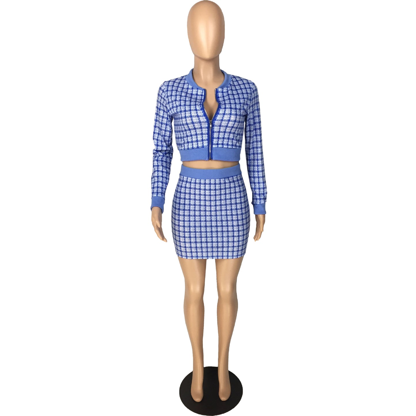 BamBam Women Plaid Ribbed Long Sleeve Top and Skirt Two-piece Set - BamBam