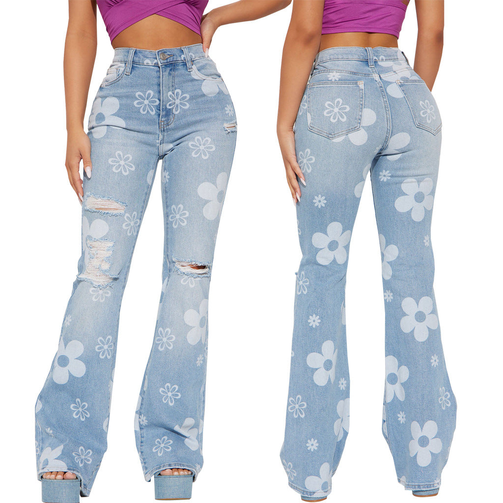 BamBam Women Trend Print Stretch Bell Bottom Denim Pants - BamBam