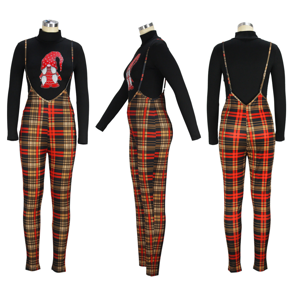 BamBam Women Casual Christmas Turtleneck Top and Plaid Overalls Two-Piece Set - BamBam