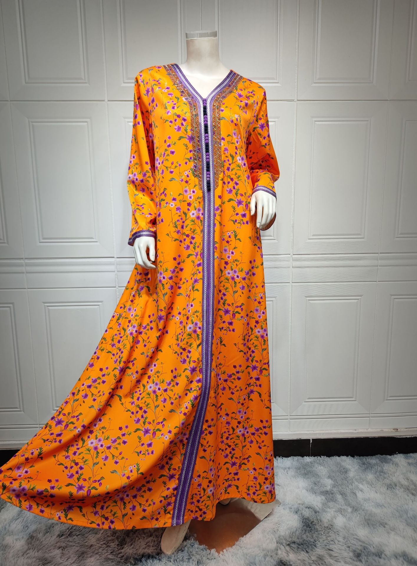 BamBam Abaya Muslim Fashion Print Beaded Dress Dubai Jalabiya For Women - BamBam