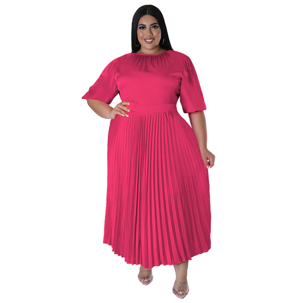 BamBam Plus Size Women's Fall Winter Pleated Round Neck Long Dress Short Sleeves - BamBam