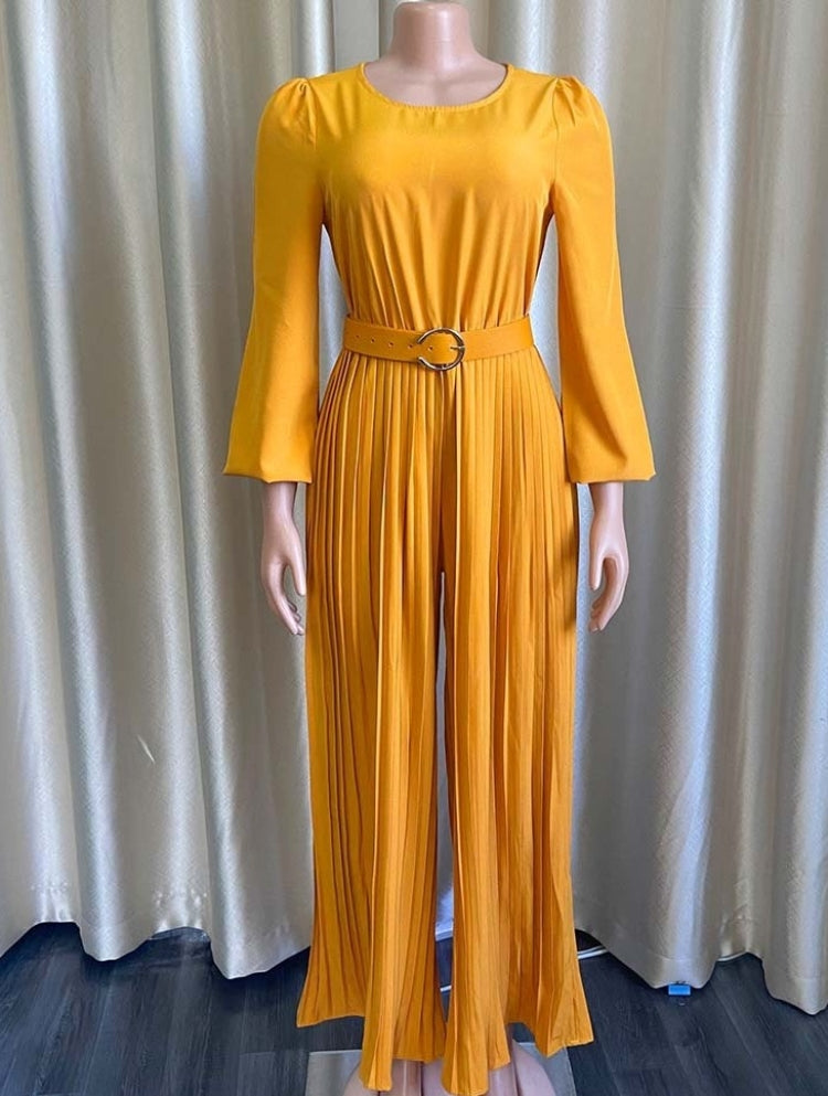 BamBam Spring Plus Size Elegant Yellow Round Neck Long SLeeve Pleated Loose Jumpsuit with Belt - BamBam Clothing