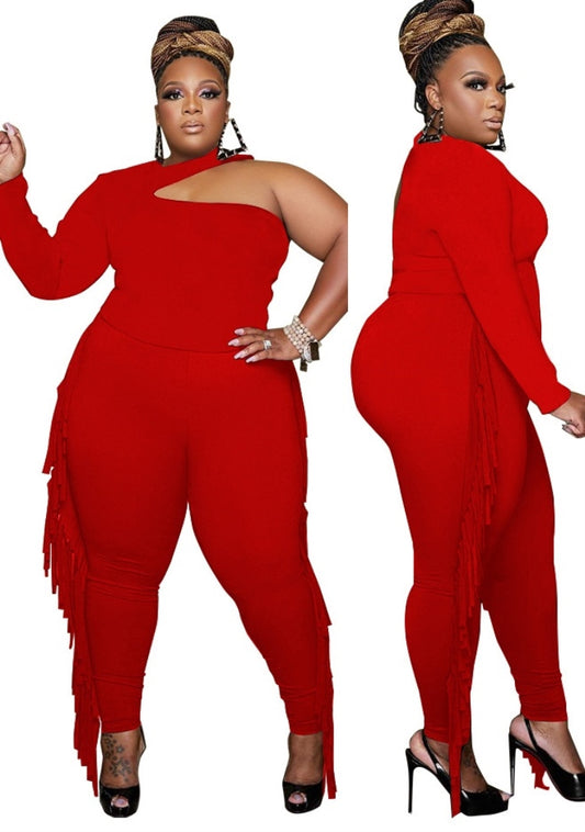 Spring Red Party Sexy One Shoulder Fringe Plus Size Jumpsuit