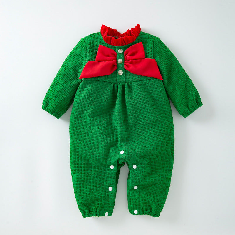 BamBam Autumn And Winter Christmas Baby Jumpsuit Fashion Trendy Bow Red And Green Long Sleeve Jumpsuit - BamBam