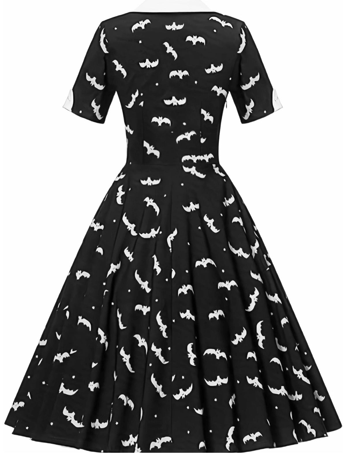 BamBam Halloween Witch Bat Print Short Sleeve Button Black And White Turndown Collar Retro A-Line Swing Dress - BamBam