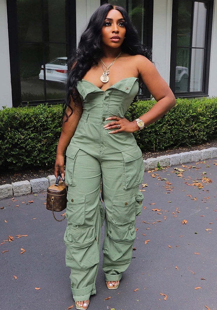 Women Sexy Strapless Single Breasted Pocket Cargo Jumpsuit