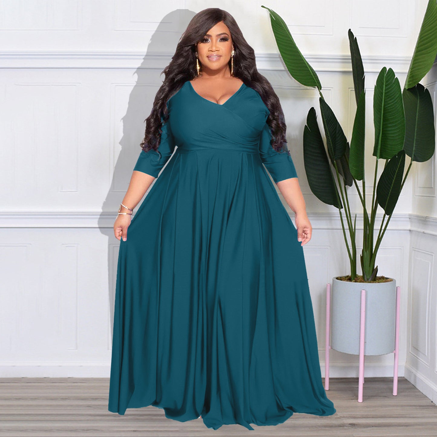 BamBam Plus Size Women's Solid Color V-Neck Sexy Long Dress - BamBam