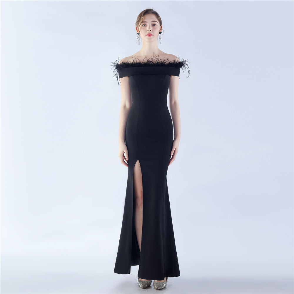 BamBam Women Ostrich Feather Off Shoulder Strapless Evening Dress - BamBam Clothing