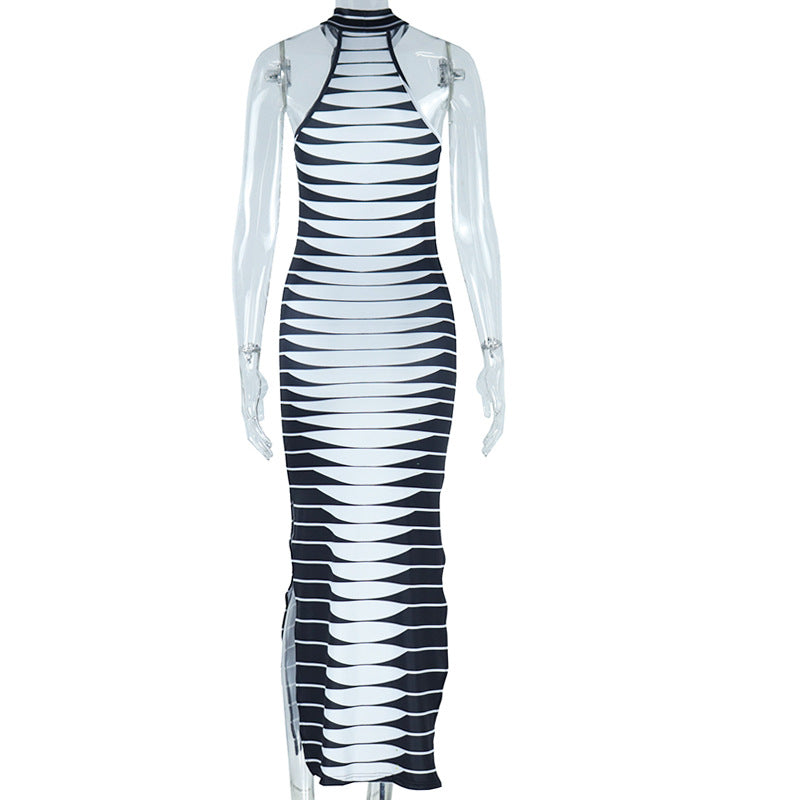 BamBam Fashion Stand Collar Dress Digital Print Sleeveless Street Slit Irregular Long Dress - BamBam
