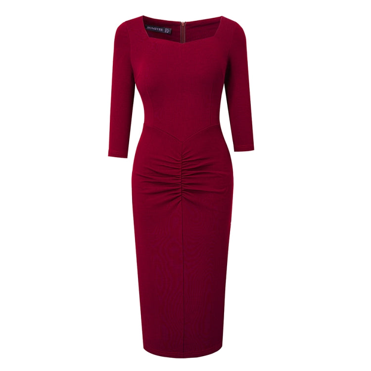 BamBam Career Ladies Square Neck 3/4 Sleeve Patchwork Ruched Tight Fitting Midi Dress - BamBam