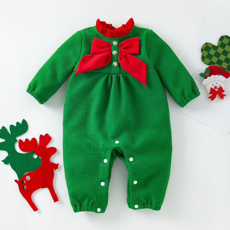 BamBam Autumn And Winter Christmas Baby Jumpsuit Fashion Trendy Bow Red And Green Long Sleeve Jumpsuit - BamBam