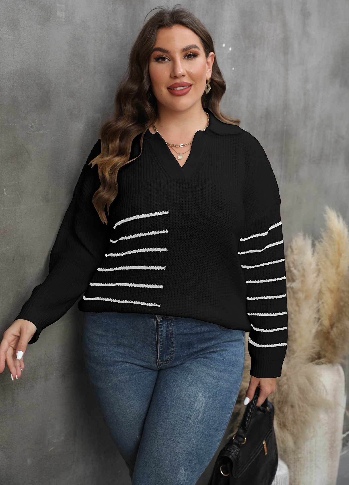 BamBam Ladies Pullover Knit Top Plus Size Women's Fall Winter Contrasting Color Patchwork Striped Turndowm Collar Sweater - BamBam