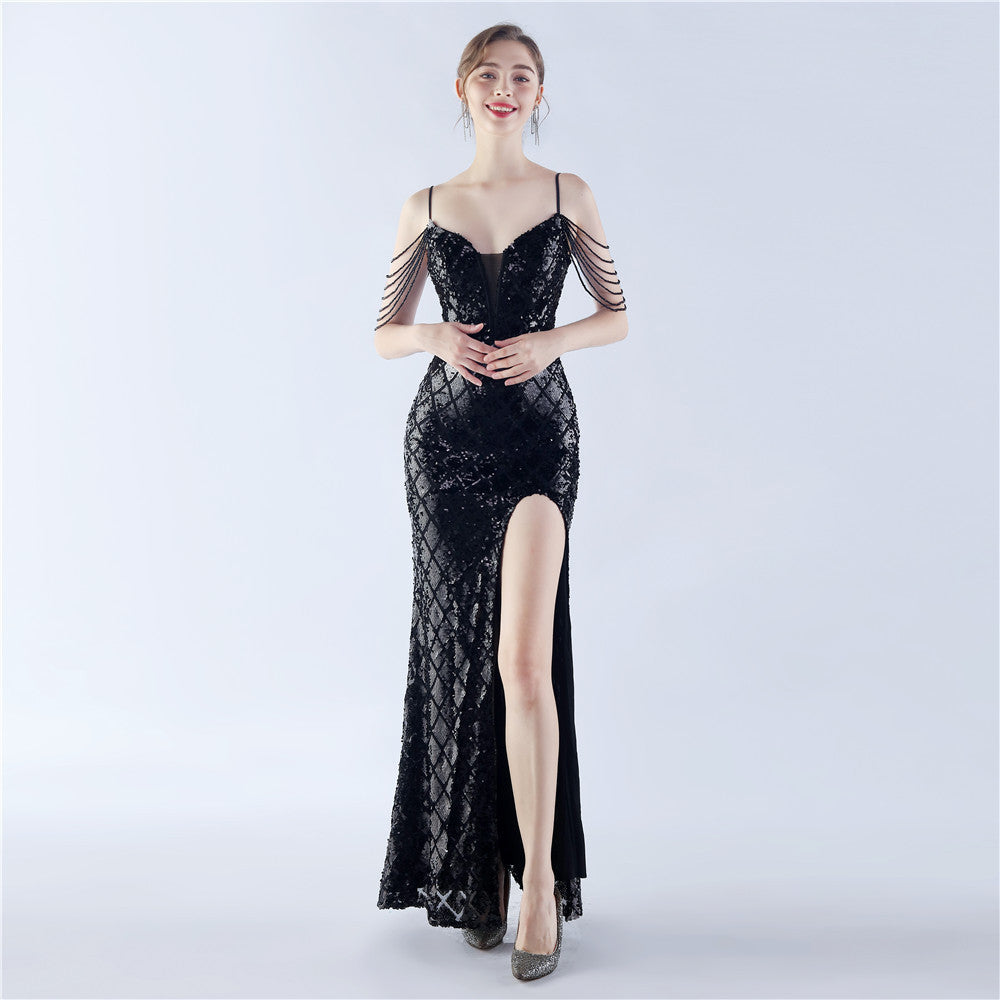 BamBam Women Herringbone Lace-Up Symphony Beaded Evening Dress - BamBam Clothing