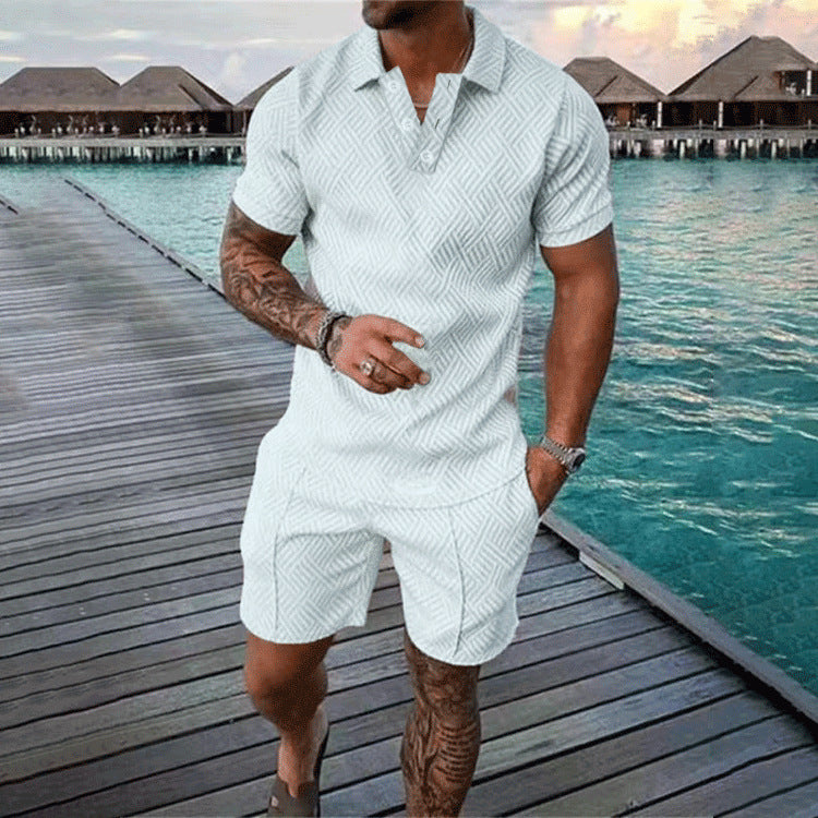 BamBam Men's Summer Fashion Casual Printed Turndown Collar Polo Shirt Shorts Two Piece Set - BamBam Clothing