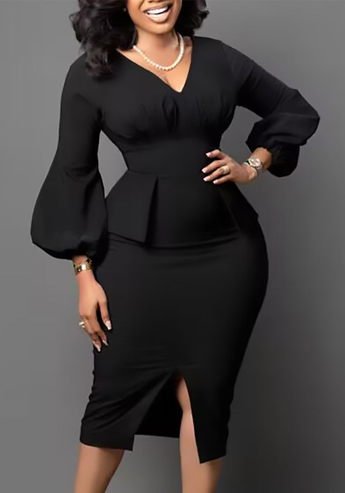 African Women v-neck puff sleeve slit dress