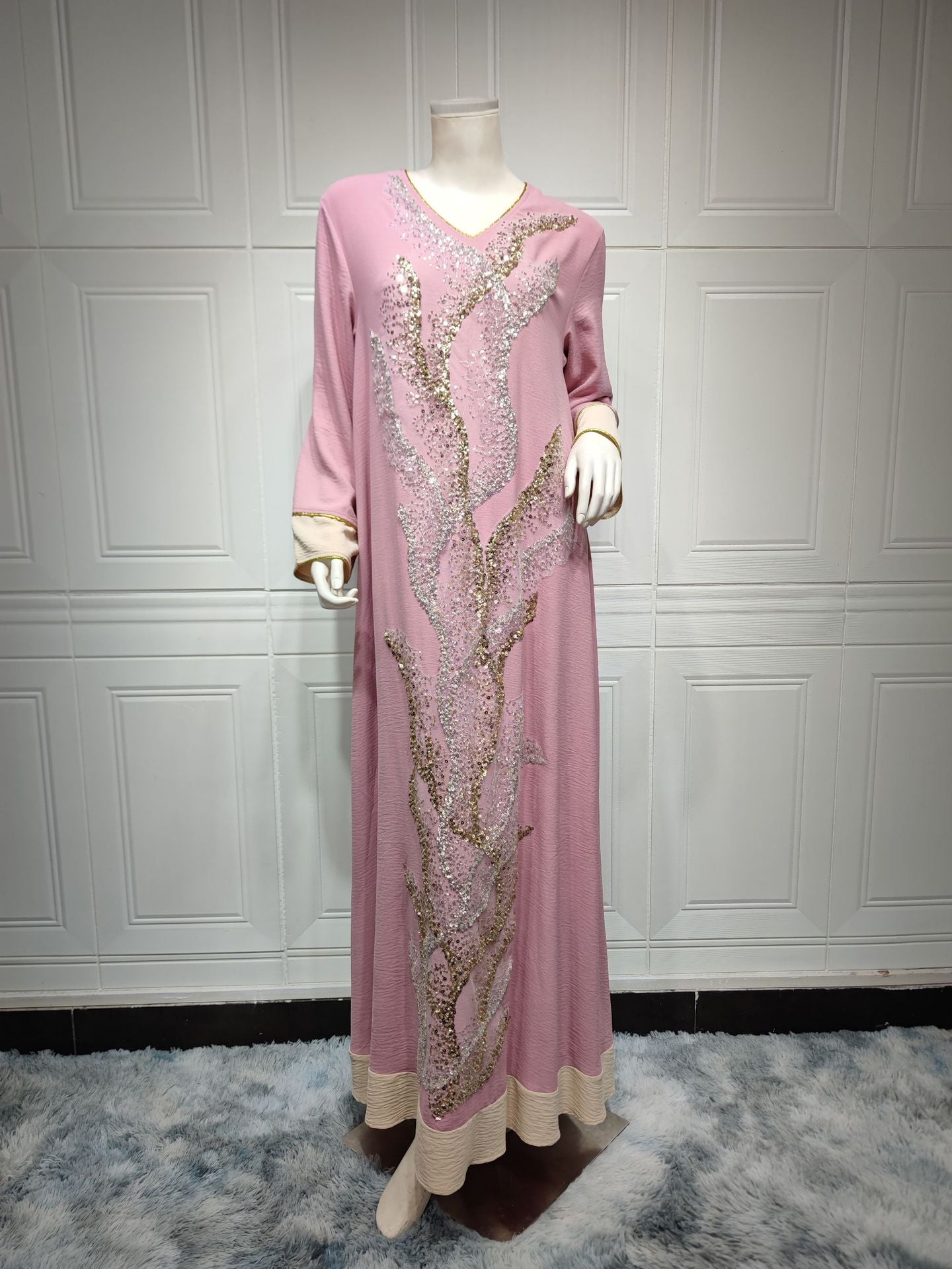 BamBam Muslim Robe Beaded Embroidery Fashion Abaya Arab Ladies Home Casual Dress - BamBam