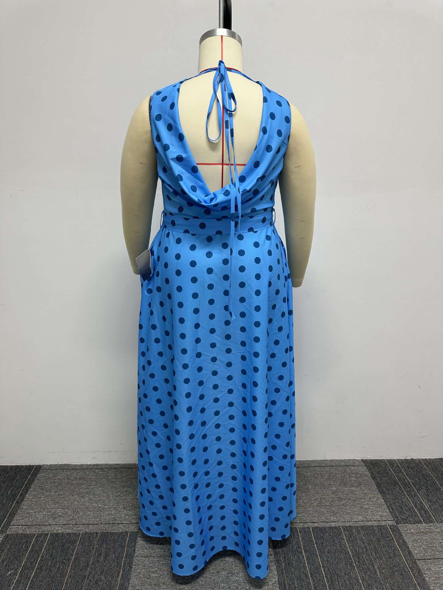 BamBam Sexy Fit Polka Dot Print Plus Size Belted Sleeveless Maxi Dress - BamBam