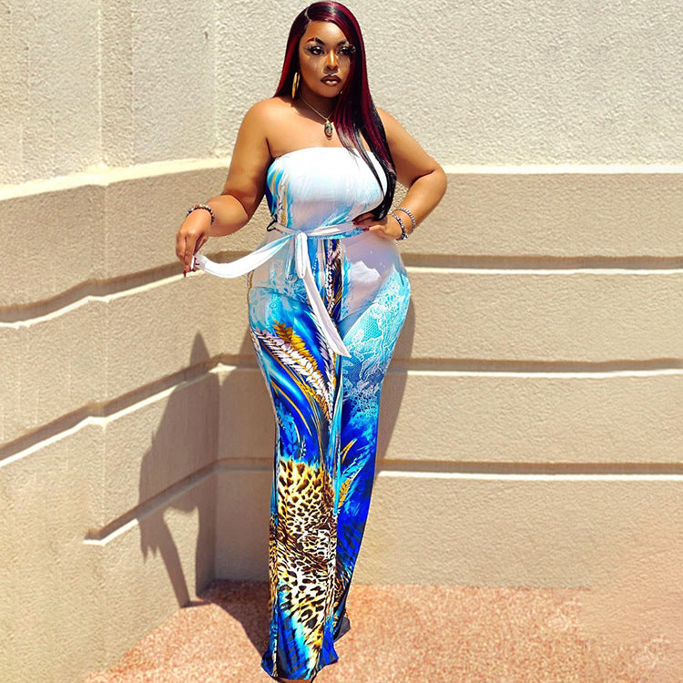 BamBam Plus Size Women's Fashion Sexy Strapless Print Wide Leg Jumpsuit - BamBam Clothing