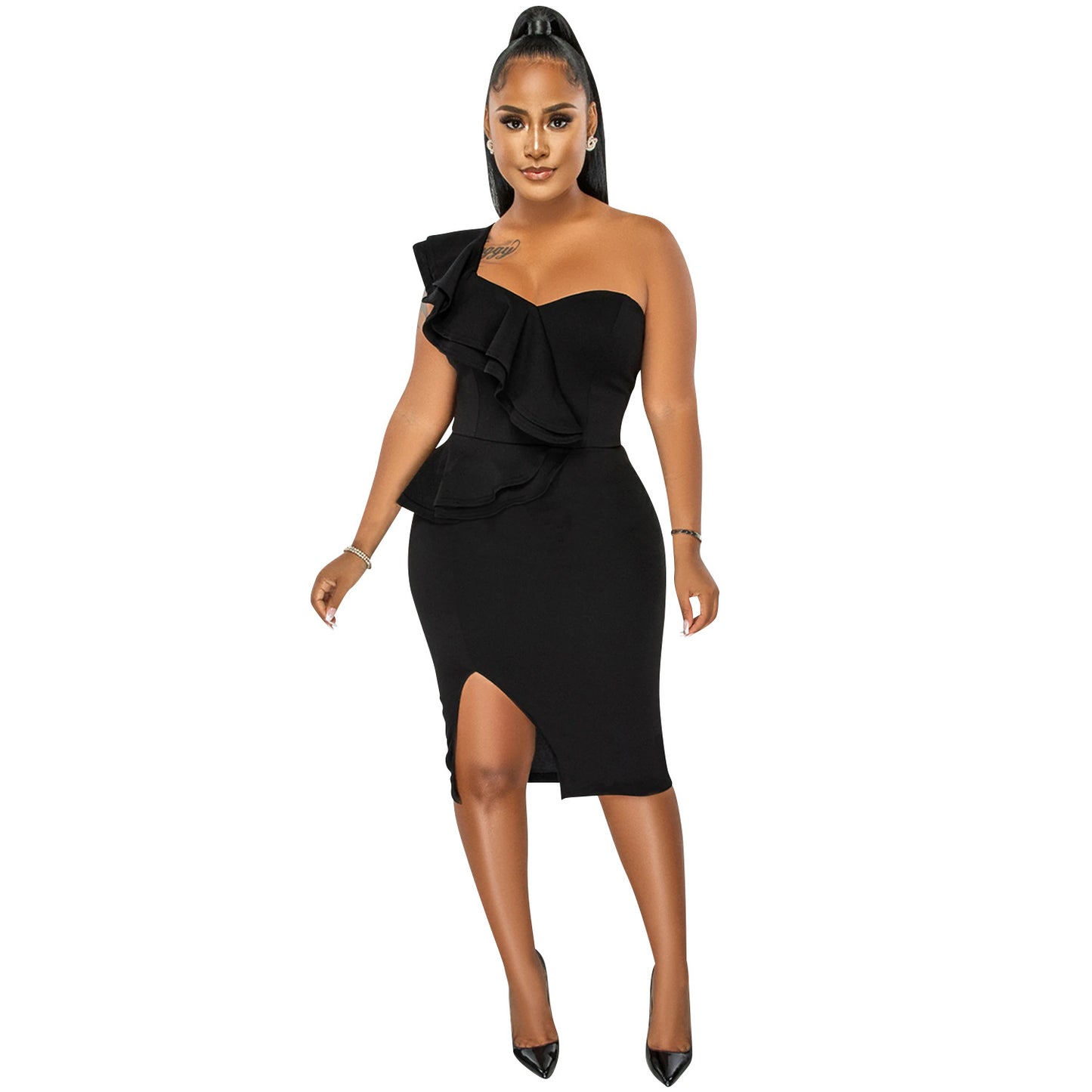 BamBam Fashion Casual Ruffle Slit One Shoulder Sleeve Dress Women - BamBam