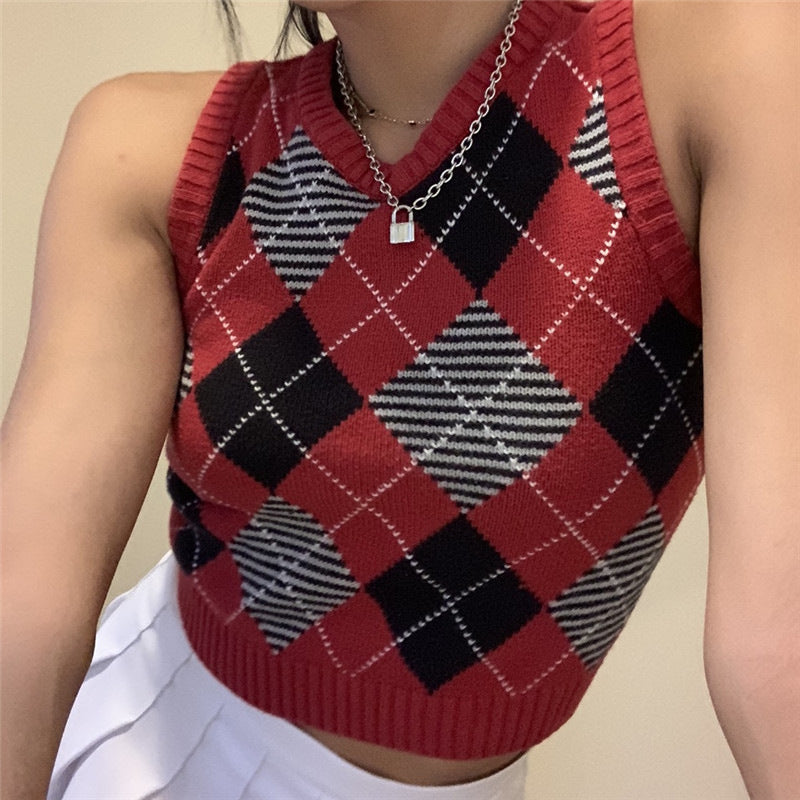 BamBam Women Solid Plaid Sleeveless V-Neck Sweater - BamBam