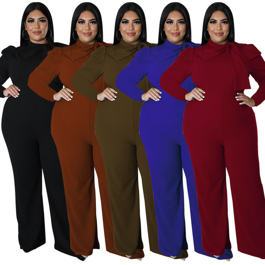 Plus Size Women Solid Color Bow Long Sleeve Jumpsuit