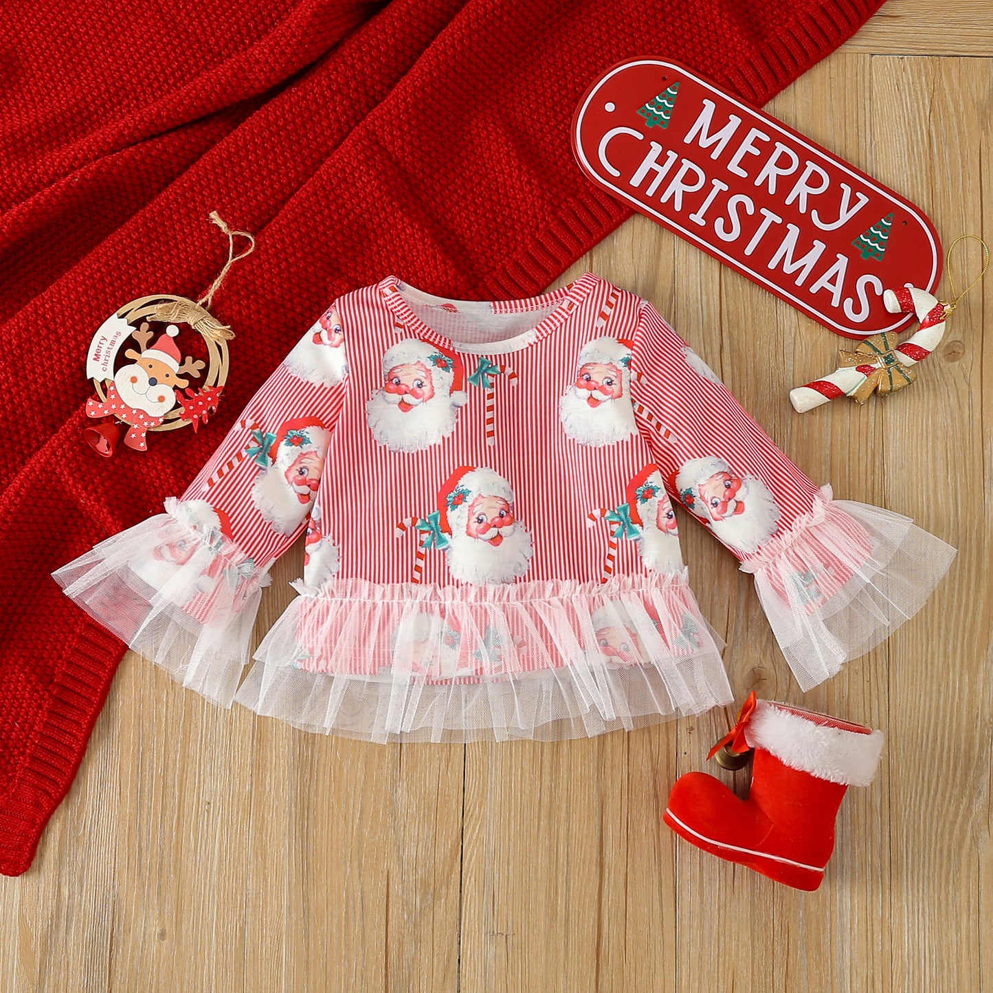 BamBam Christmas Girl long-sleeved cartoon Santa Claus printed T-shirt Pant home wear two-piece set - BamBam