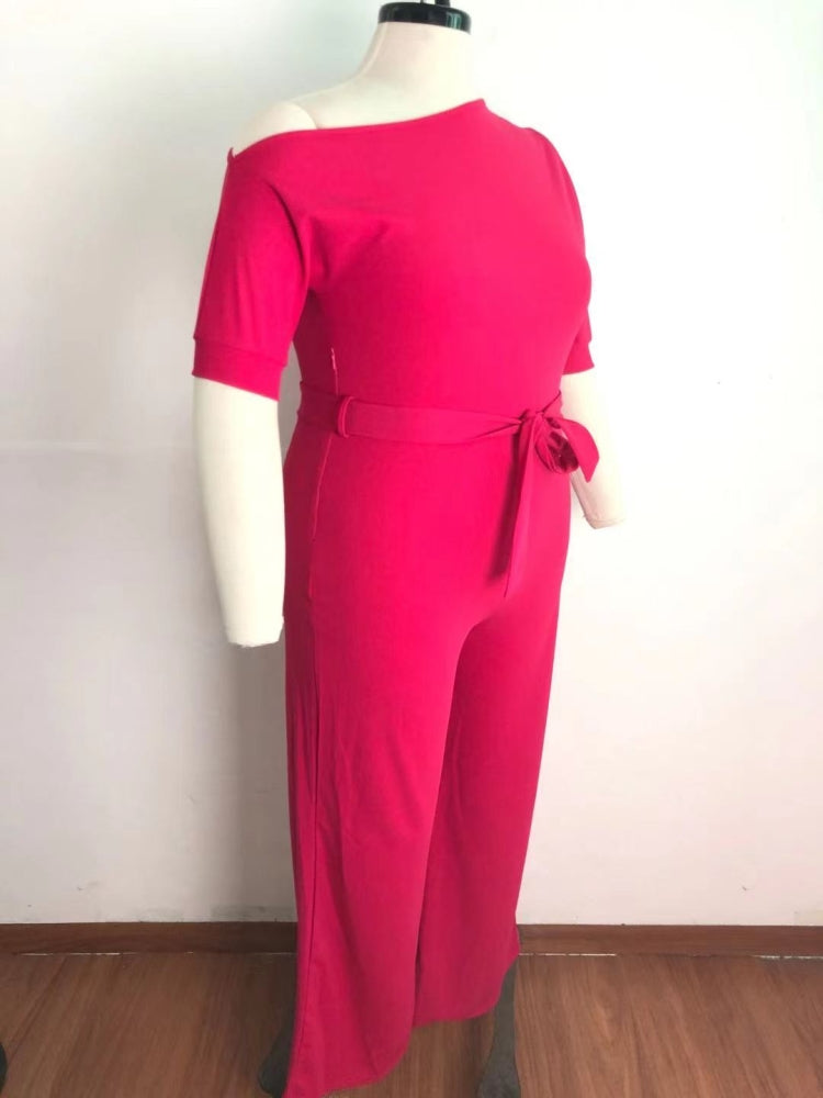 BamBam Summer Plus Size Pink Slash Shoulder Formal Jumpsuit - BamBam Clothing