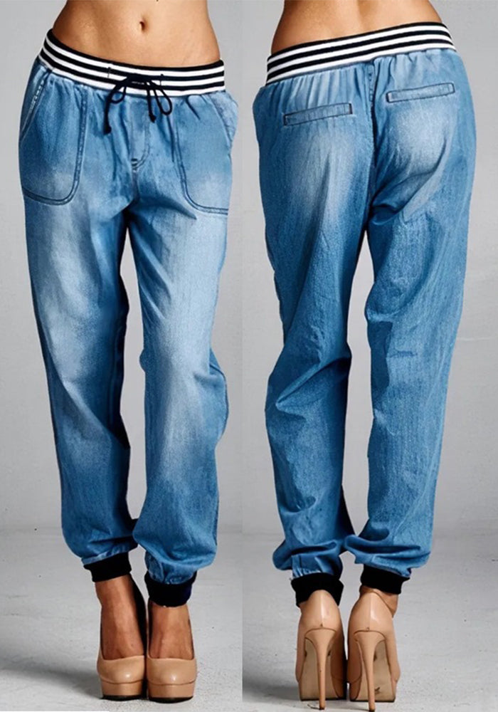 Women's Washed Long Denim Pants Lace-Up Loose Lantern Casual Trousers