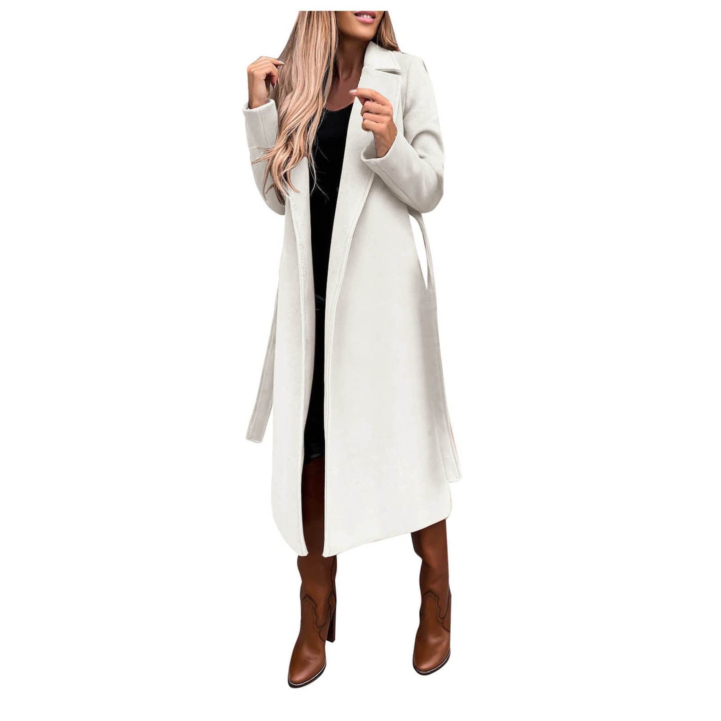 BamBam Women Solid Turndown Collar Long Sleeve Lace-Up Coat - BamBam