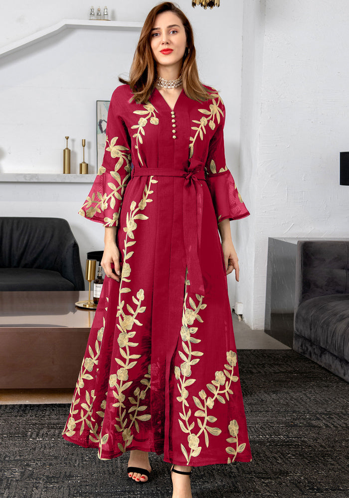 Women Summer Red Arab Dubai Middle East Turkey Morocco Floral Print Sequined Islamic Clothing Kaftan Abaya Muslim Dress