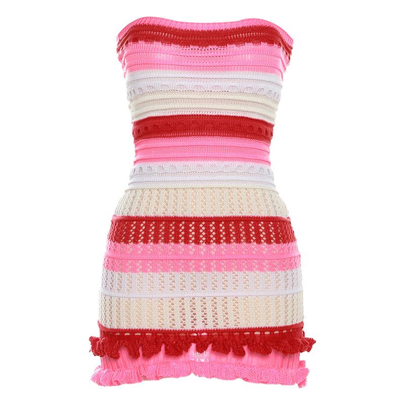 BamBam Summer Women Sexy Strapless Backless Color Block Lace Knitting Dress - BamBam