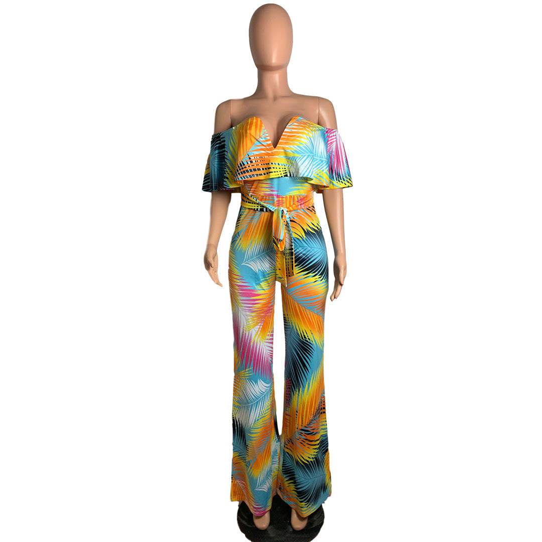 BamBam Women Boho Print Off Shoulder Backless Jumpsuit with Belt - BamBam Clothing