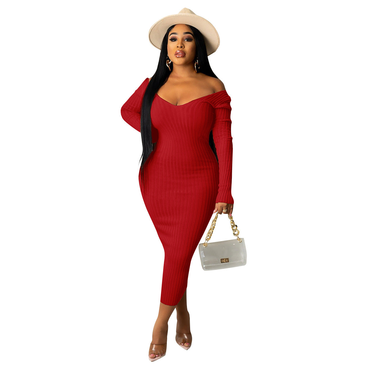 BamBam V-Neck Off-Shoulder Ribbed Slim Sexy Dress - BamBam Clothing